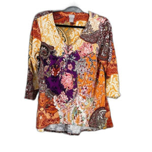 Chico’s Tunic Top Paisley Floral 3/4 Sleeve Orange Whimsical Boho Size 1 Medium